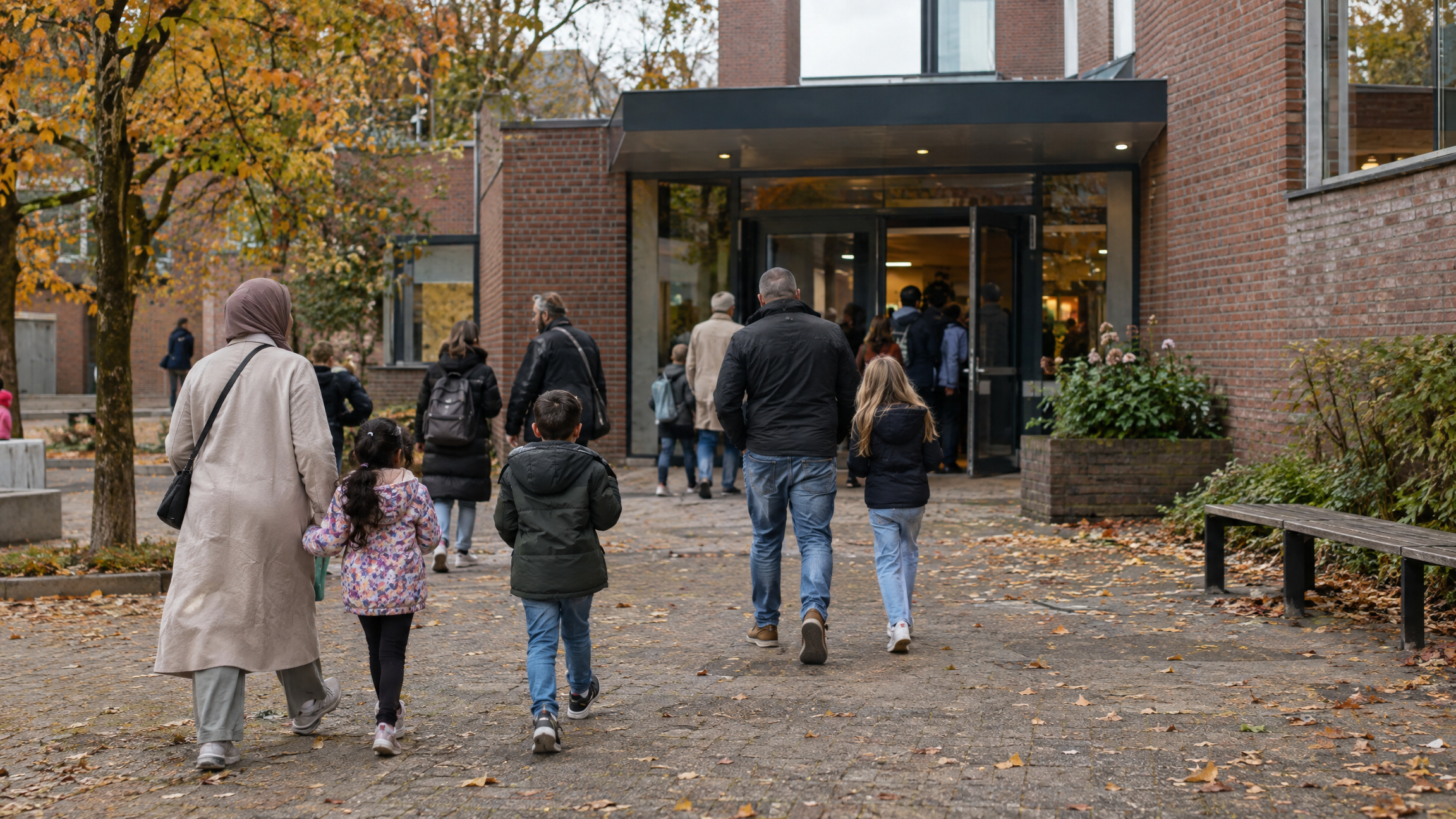 Illustratief sfeerbeeld van gezinnen op weg naar een kinderfilmfestival in Almelo tijdens de herfstvakantie; geen foto van het werkelijke evenement.