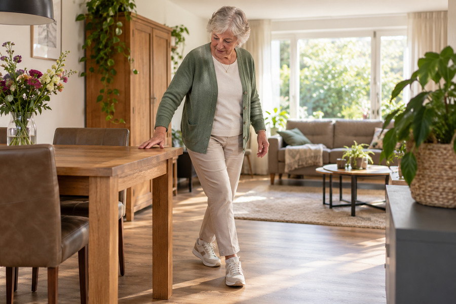 Oudere vrouw draait rustig in haar woonkamer en steunt met één hand op een stevige tafel