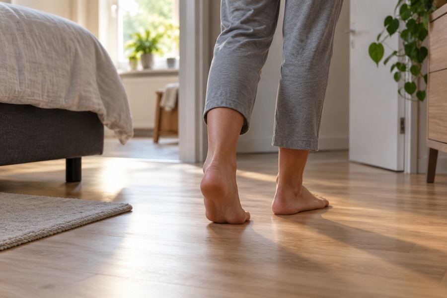 Blote voeten bij de eerste stappen naast het bed, met één hiel opgetild