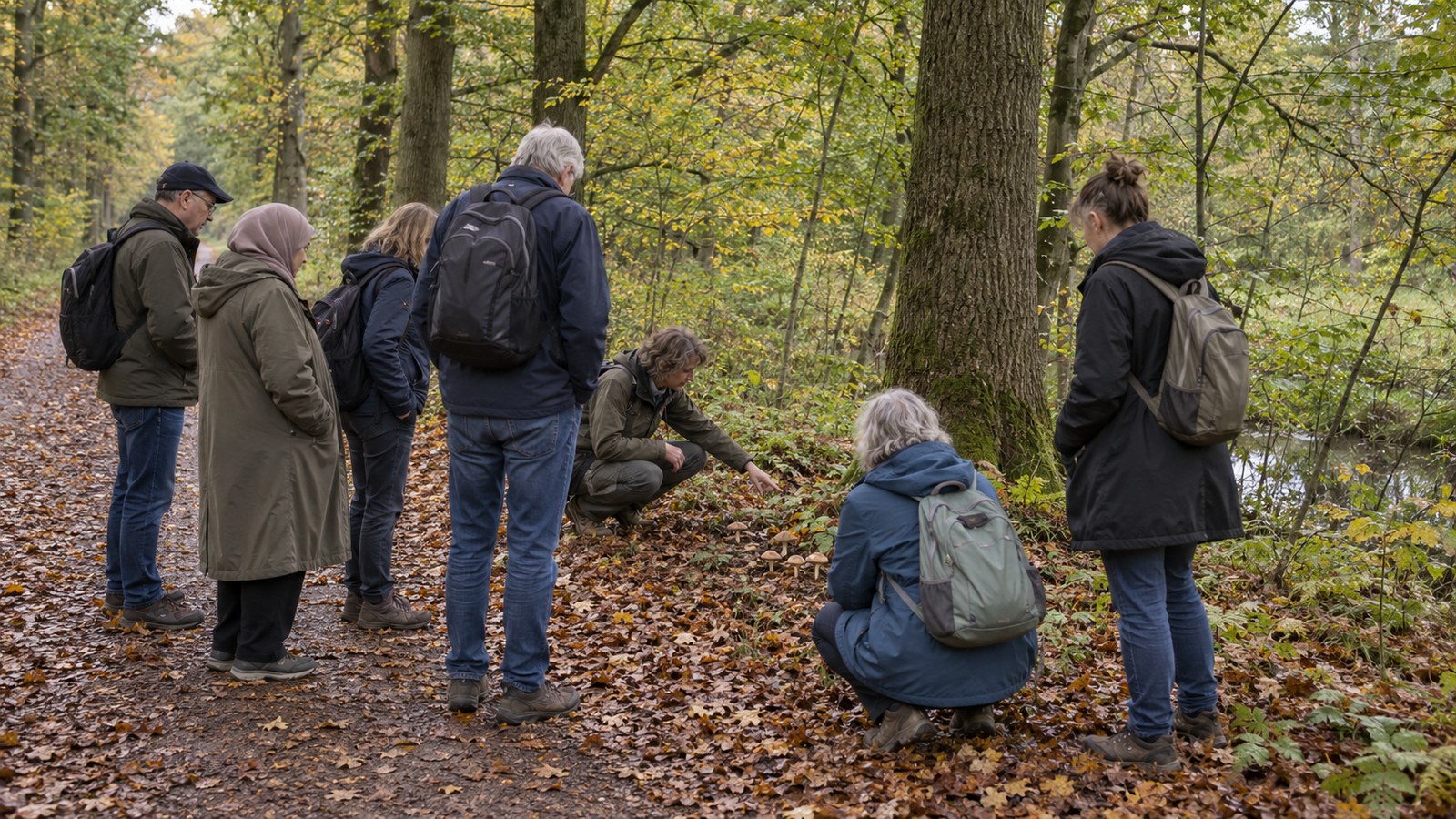 Illustratief sfeerbeeld van deelnemers die paddenstoelen bekijken langs een Almelose boslaan.